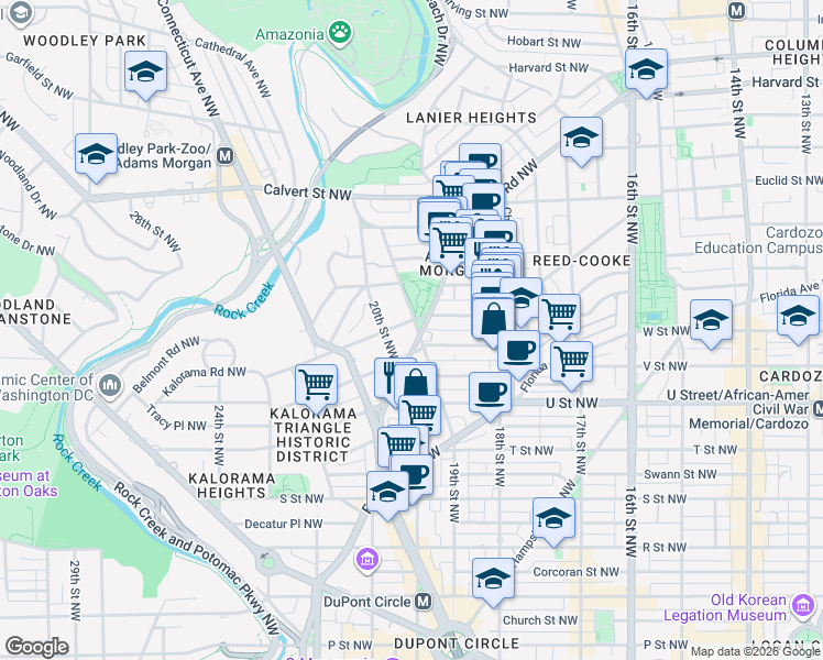 map of restaurants, bars, coffee shops, grocery stores, and more near 2200 19th Street Northwest in Washington