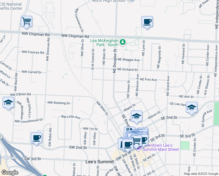 map of restaurants, bars, coffee shops, grocery stores, and more near 301 Northeast Douglas Street in Lee's Summit