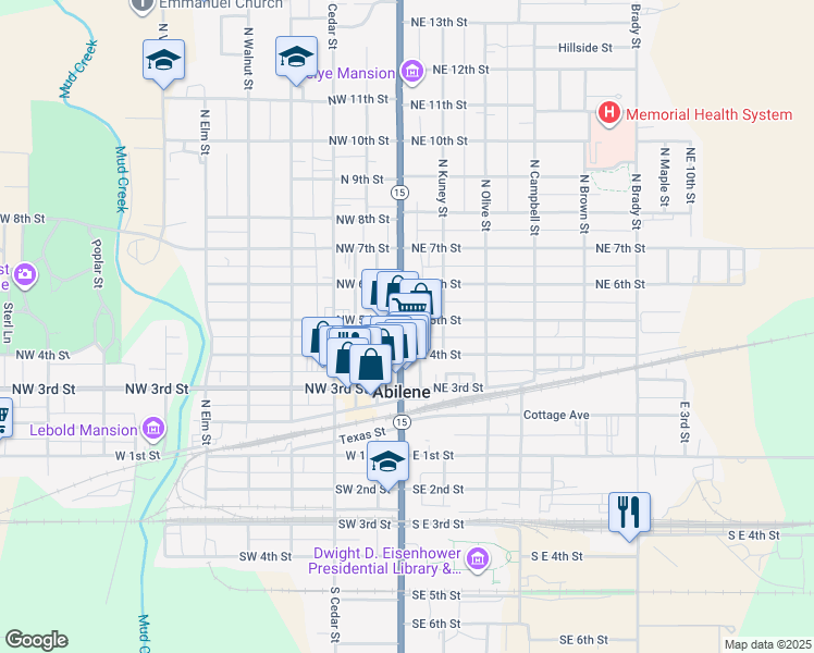 map of restaurants, bars, coffee shops, grocery stores, and more near 425 North Buckeye Avenue in Abilene
