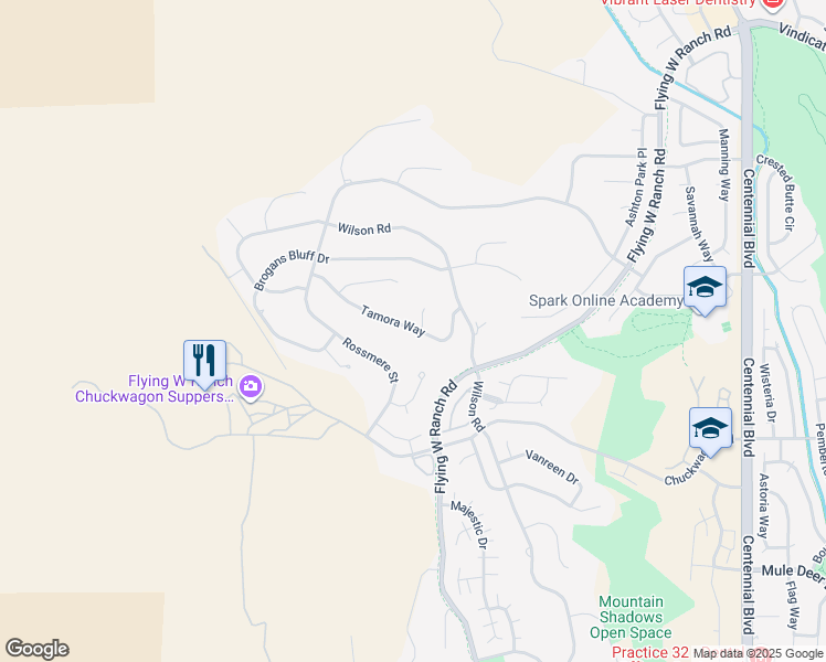map of restaurants, bars, coffee shops, grocery stores, and more near 2585 Tamora Way in Colorado Springs