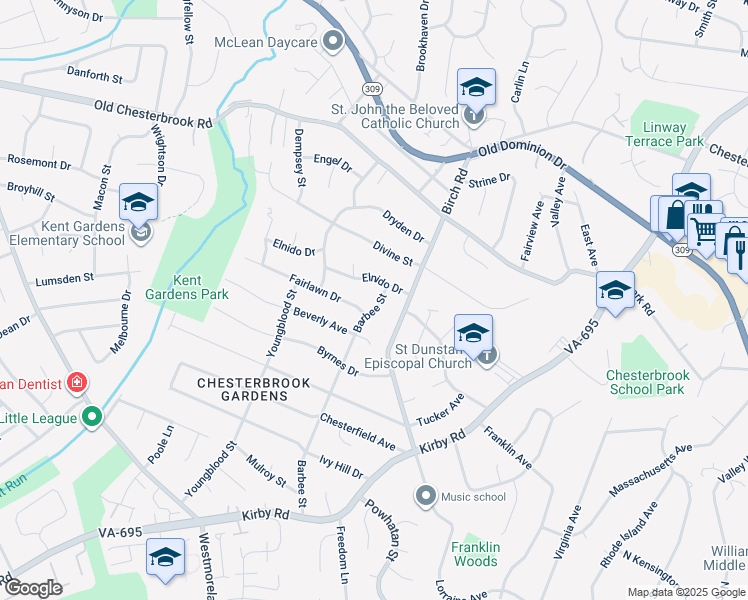 map of restaurants, bars, coffee shops, grocery stores, and more near 1730 Barbee Street in McLean