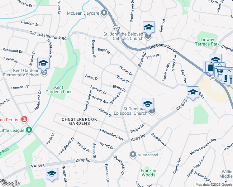 map of restaurants, bars, coffee shops, grocery stores, and more near 1730 Barbee Street in McLean