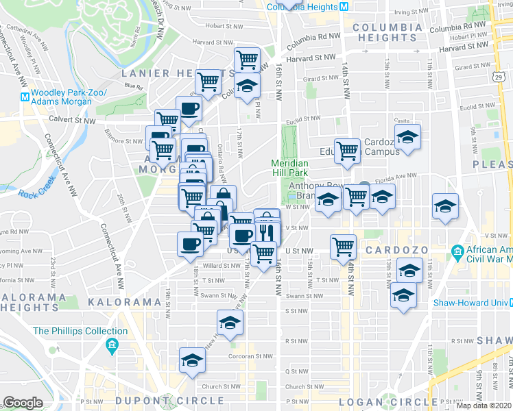 map of restaurants, bars, coffee shops, grocery stores, and more near 1656 Beekman Place Northwest in Washington