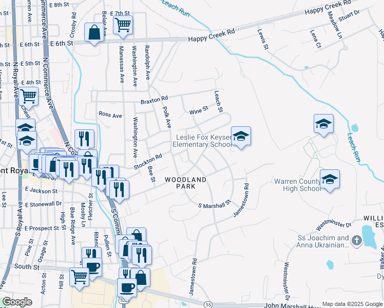 map of restaurants, bars, coffee shops, grocery stores, and more near 99 North Charles Street in Front Royal
