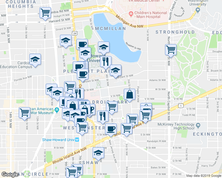 map of restaurants, bars, coffee shops, grocery stores, and more near 2125 4th Street Northwest in Washington