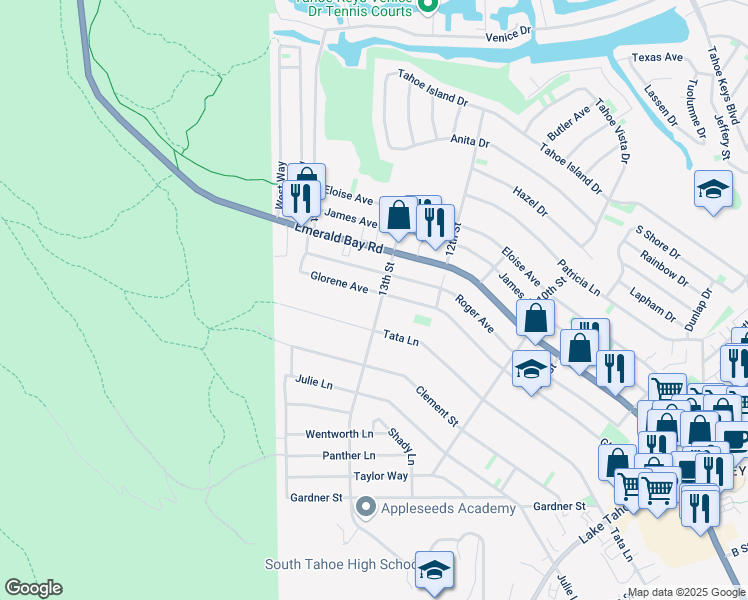 map of restaurants, bars, coffee shops, grocery stores, and more near 1951 13th Street in South Lake Tahoe