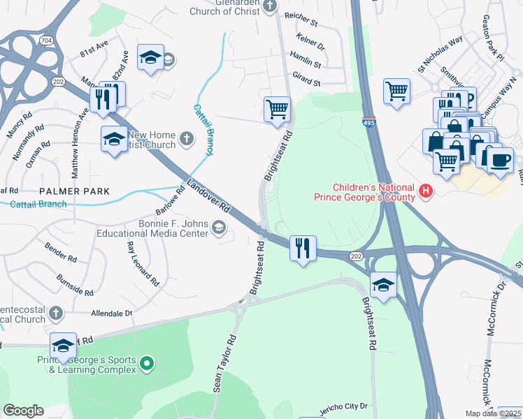 map of restaurants, bars, coffee shops, grocery stores, and more near 2240 Brightseat Rd in Hyattsville