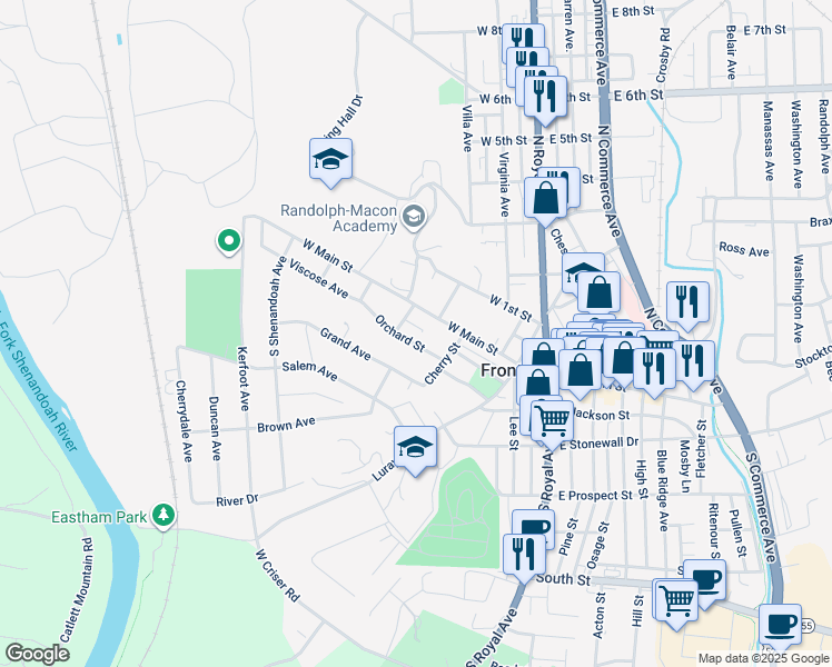 map of restaurants, bars, coffee shops, grocery stores, and more near 233 Orchard Street in Front Royal