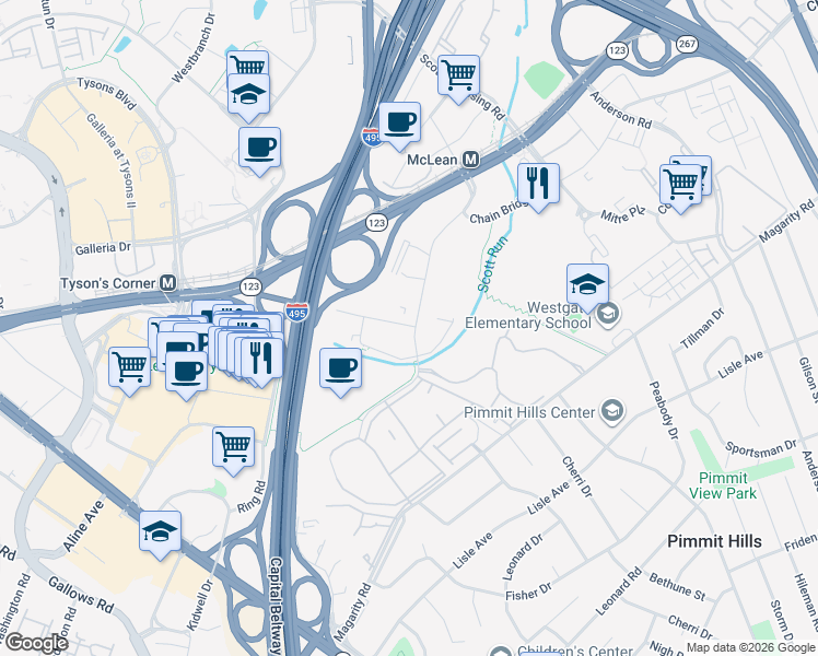 map of restaurants, bars, coffee shops, grocery stores, and more near 1768 Old Meadow Road in Tysons