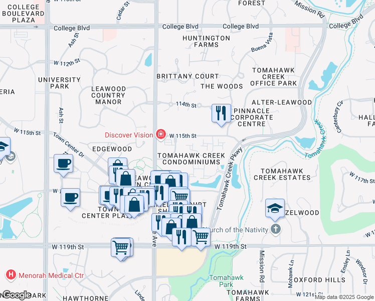 map of restaurants, bars, coffee shops, grocery stores, and more near 11617 Tomahawk Creek Parkway in Leawood