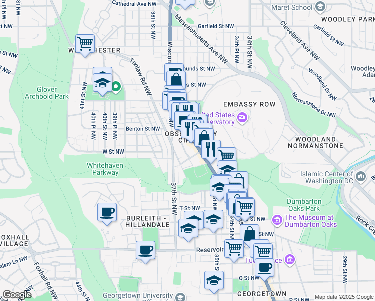 map of restaurants, bars, coffee shops, grocery stores, and more near 2215 Hall Place Northwest in Washington