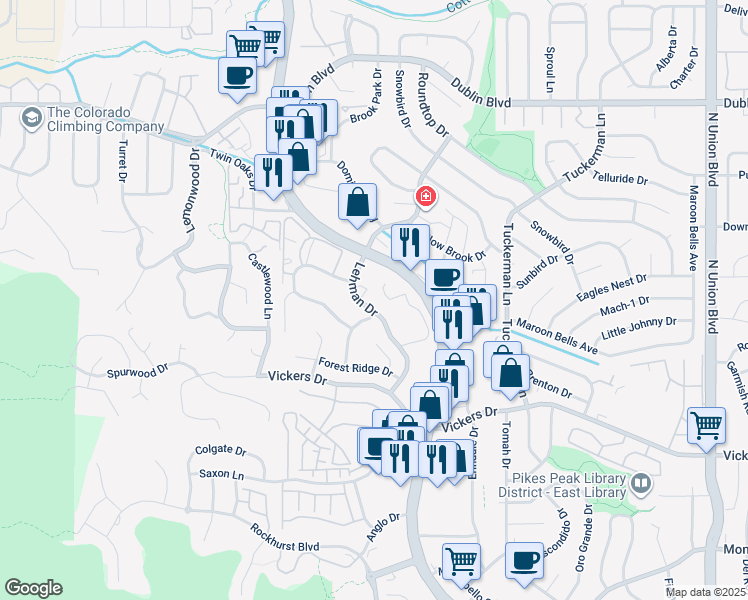 map of restaurants, bars, coffee shops, grocery stores, and more near 5980 Leewood Drive in Colorado Springs