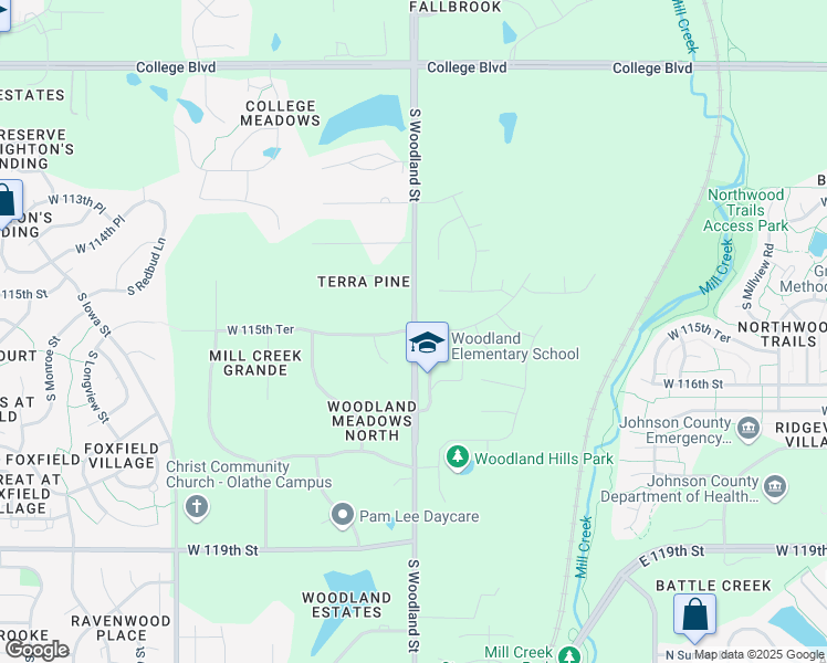 map of restaurants, bars, coffee shops, grocery stores, and more near S Woodland St & W 115th Terrace in Olathe