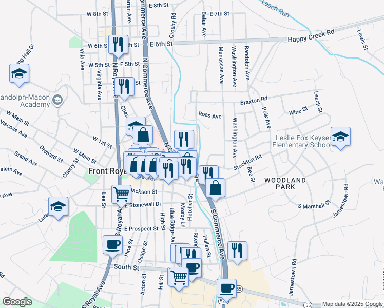 map of restaurants, bars, coffee shops, grocery stores, and more near 544 Manassas Street in Front Royal