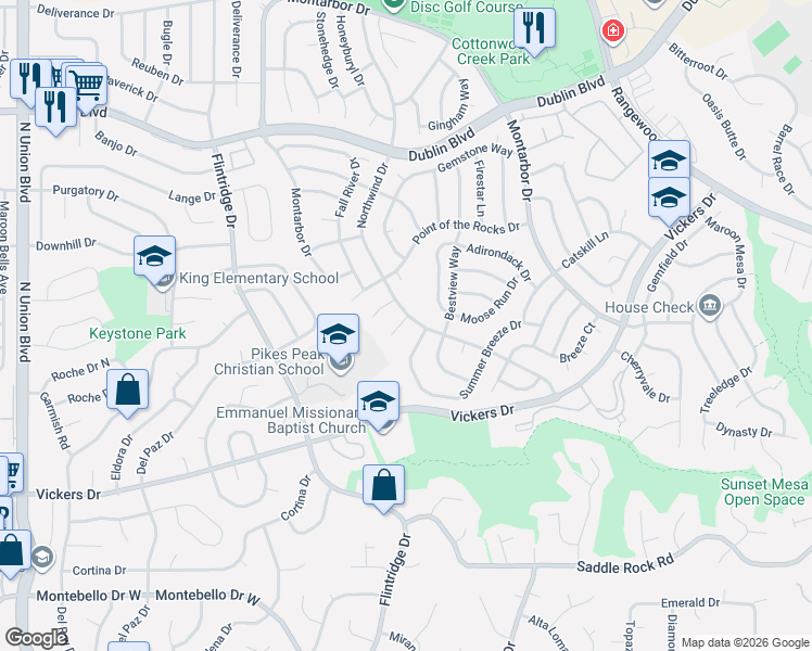 map of restaurants, bars, coffee shops, grocery stores, and more near 3509 Summer Breeze Drive in Colorado Springs