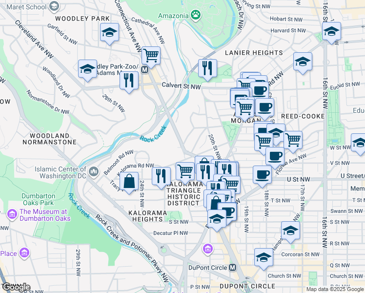 map of restaurants, bars, coffee shops, grocery stores, and more near Connecticut Avenue Northwest & Belmont Road Northwest in Washington