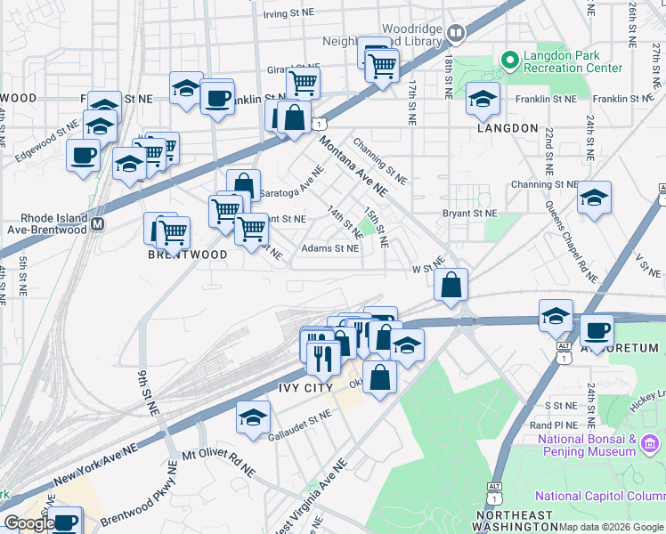 map of restaurants, bars, coffee shops, grocery stores, and more near 1350 W Street Northeast in Washington