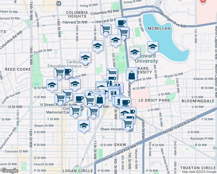 map of restaurants, bars, coffee shops, grocery stores, and more near 900 W Street Northwest in Washington