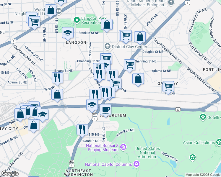 map of restaurants, bars, coffee shops, grocery stores, and more near 2120 U.S. 1 Alternate in Washington