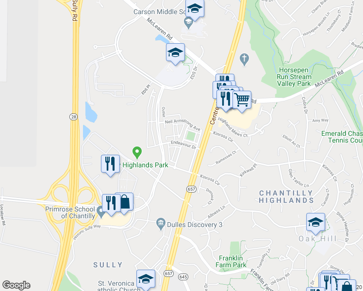 map of restaurants, bars, coffee shops, grocery stores, and more near Yeager Drive in Herndon
