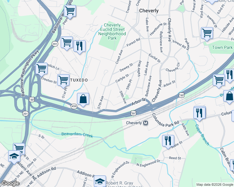 map of restaurants, bars, coffee shops, grocery stores, and more near 2306 59th Place in Cheverly