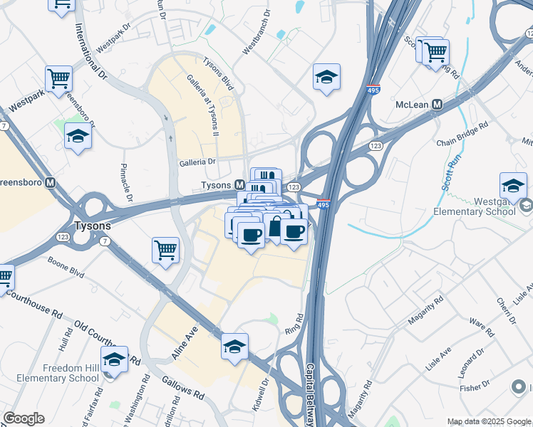 map of restaurants, bars, coffee shops, grocery stores, and more near 7902 Tysons One Place in Tysons