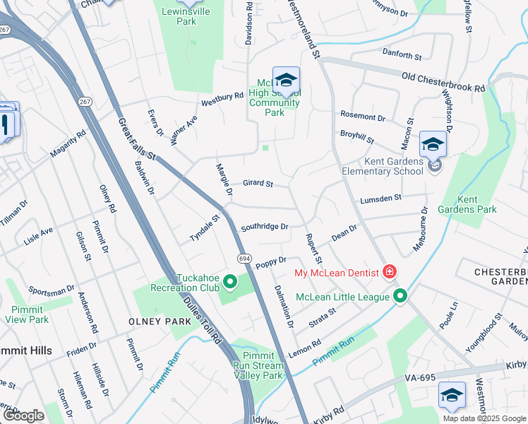 map of restaurants, bars, coffee shops, grocery stores, and more near 6933 Tyndale Street in McLean