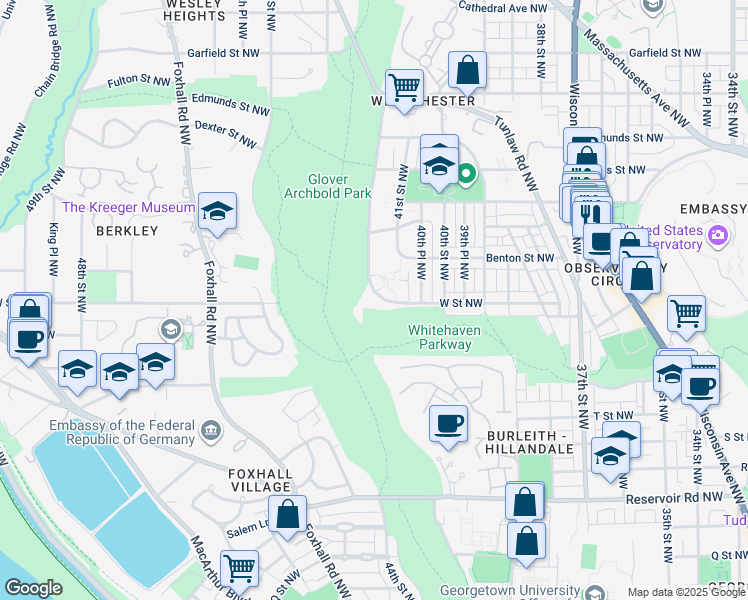 map of restaurants, bars, coffee shops, grocery stores, and more near 4100 W Street Northwest in Washington