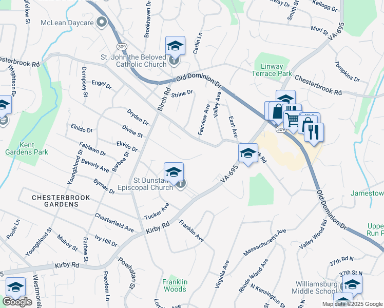 map of restaurants, bars, coffee shops, grocery stores, and more near 6348 Divine Street in McLean