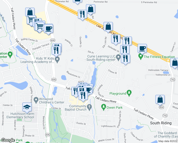 map of restaurants, bars, coffee shops, grocery stores, and more near 25230 Pond View Square in Chantilly