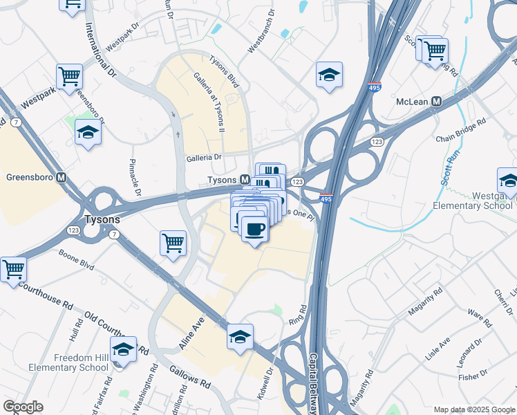 map of restaurants, bars, coffee shops, grocery stores, and more near Tysons One Place in Tysons