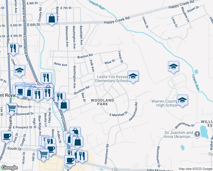 map of restaurants, bars, coffee shops, grocery stores, and more near 99 North Charles Street in Front Royal