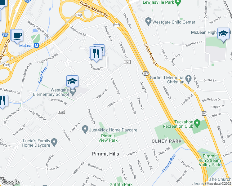 map of restaurants, bars, coffee shops, grocery stores, and more near 1748 Anderson Road in Falls Church