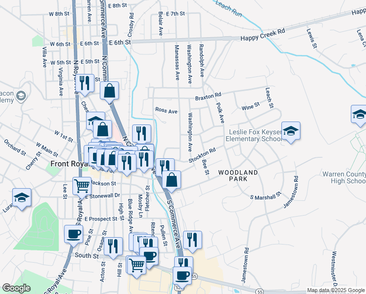 map of restaurants, bars, coffee shops, grocery stores, and more near 119 Manassas Avenue in Front Royal