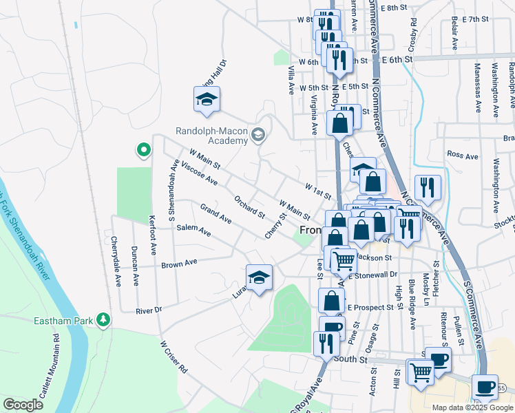 map of restaurants, bars, coffee shops, grocery stores, and more near 245 Orchard Street in Front Royal