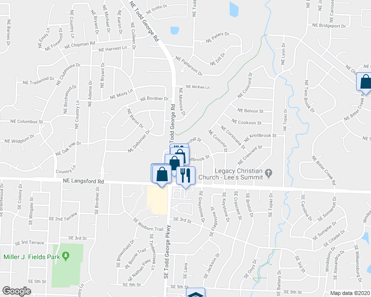 map of restaurants, bars, coffee shops, grocery stores, and more near 522 Northeast Churchill Street in Lee's Summit