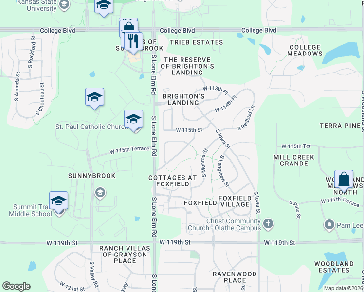 map of restaurants, bars, coffee shops, grocery stores, and more near 21227 West 116th Street in Olathe