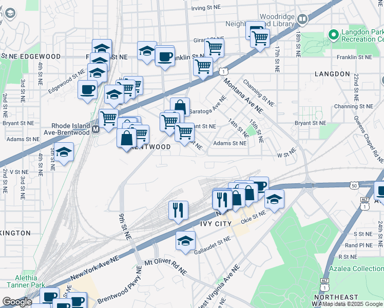 map of restaurants, bars, coffee shops, grocery stores, and more near 1249 W Street Northeast in Washington, D.C.