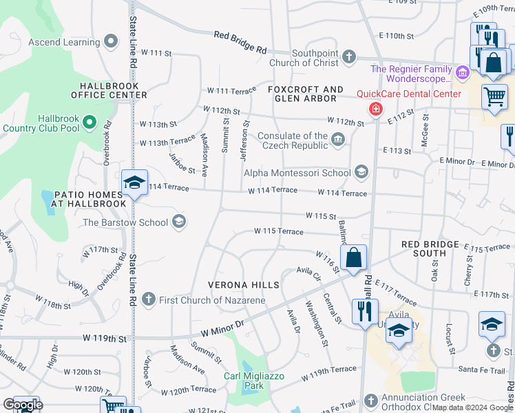 map of restaurants, bars, coffee shops, grocery stores, and more near 606 West 115 Street in Kansas City