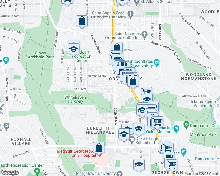 map of restaurants, bars, coffee shops, grocery stores, and more near 2201 Observatory Place Northwest in Washington