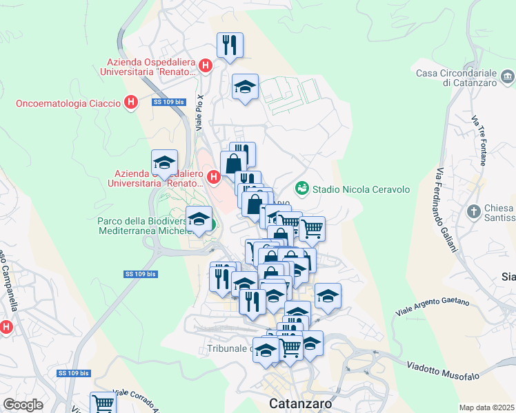 map of restaurants, bars, coffee shops, grocery stores, and more near 2-10 Via Acquedotto Greco in Catanzaro