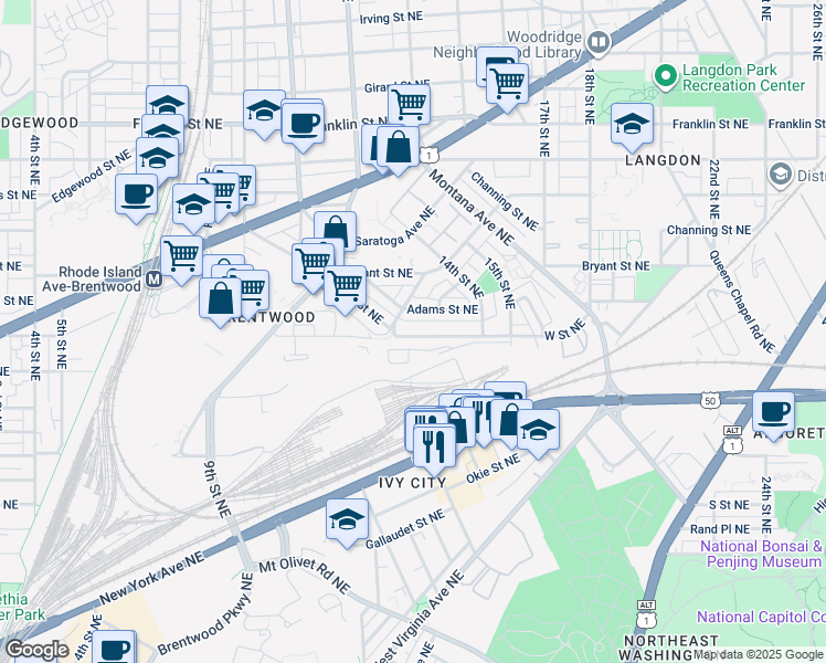 map of restaurants, bars, coffee shops, grocery stores, and more near 1312 W Street Northeast in Washington