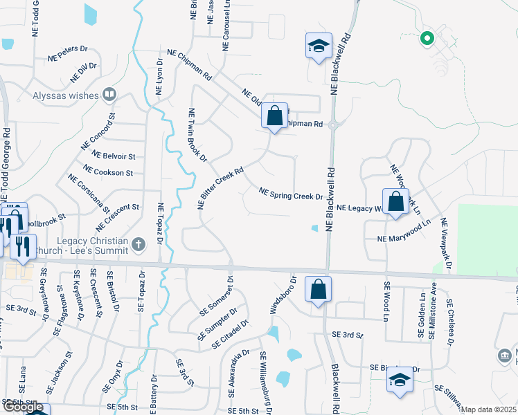 map of restaurants, bars, coffee shops, grocery stores, and more near 2516 Northeast Willow Creek Lane in Lee's Summit