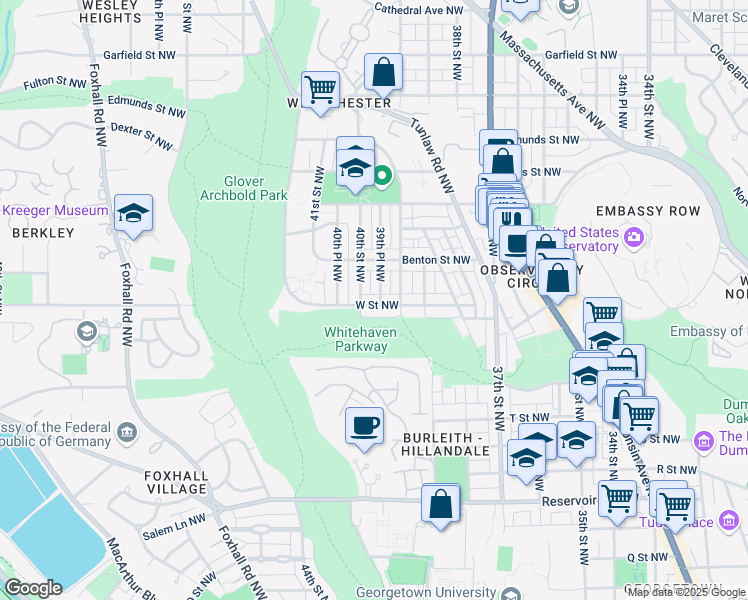 map of restaurants, bars, coffee shops, grocery stores, and more near 3921 W Street Northwest in Washington