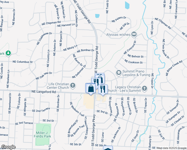 map of restaurants, bars, coffee shops, grocery stores, and more near 428 Northeast Timbercreek Drive in Lee's Summit