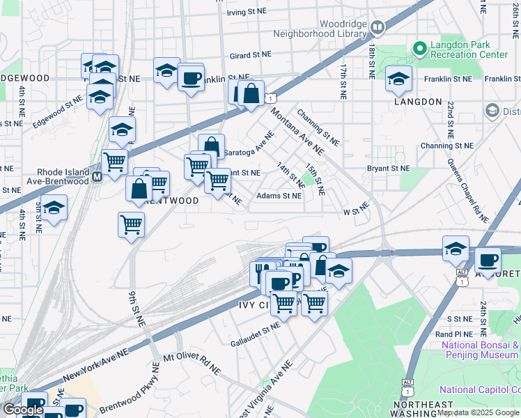 map of restaurants, bars, coffee shops, grocery stores, and more near 1312 W Street Northeast in Washington