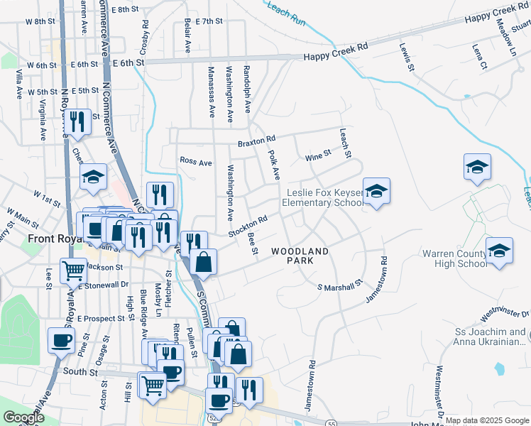 map of restaurants, bars, coffee shops, grocery stores, and more near 726 Stockton Road in Front Royal