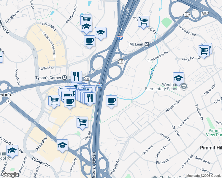 map of restaurants, bars, coffee shops, grocery stores, and more near 1752 Old Meadow Lane in Tysons