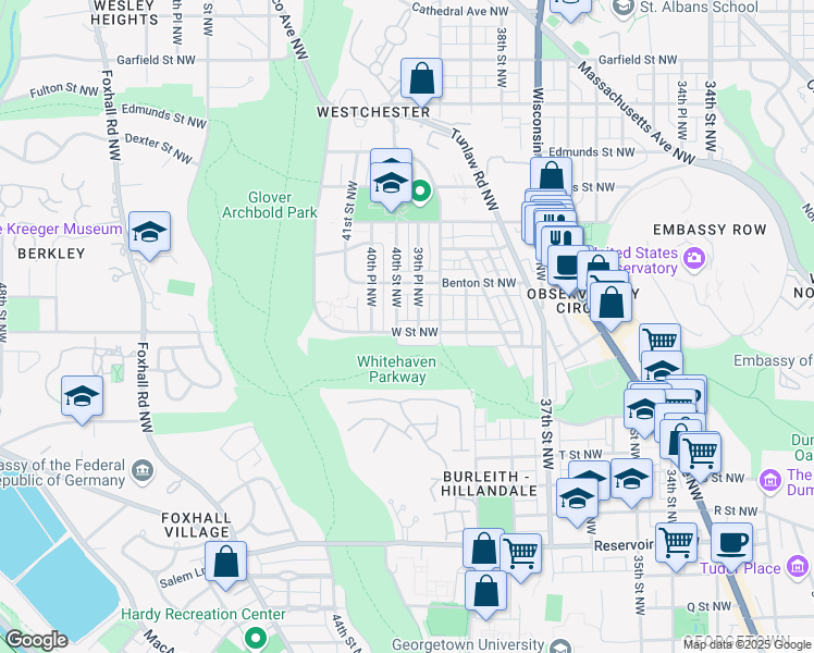 map of restaurants, bars, coffee shops, grocery stores, and more near 3925 W Street Northwest in Washington