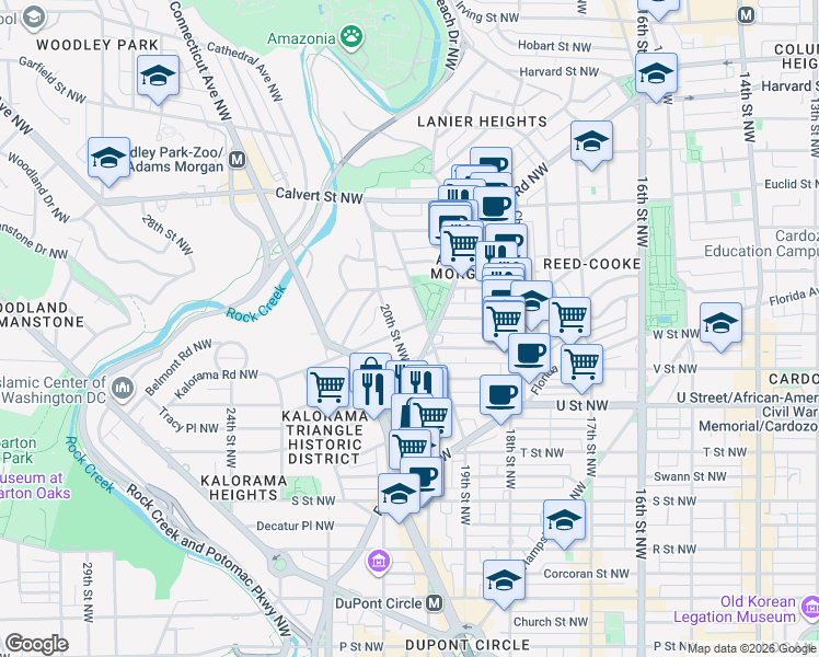 map of restaurants, bars, coffee shops, grocery stores, and more near Kalorama Road Northwest in Washington